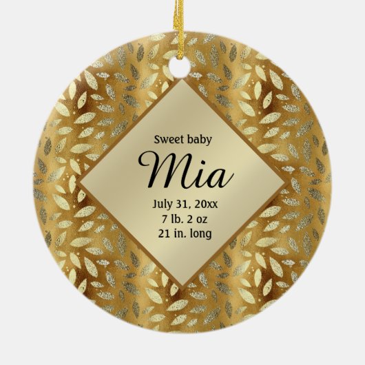写真パーソナライズされた金ゴールド葉ベビー誕生日 セラミックオーナメント (裏面)