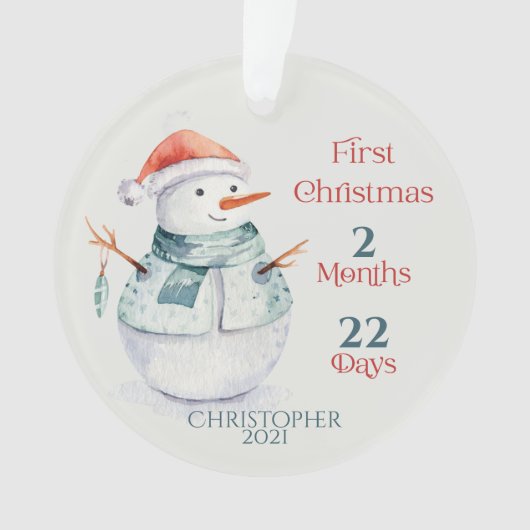 写真パーソナライズされた雪だるまベビーの初めてのクリスマス オーナメント (正面)