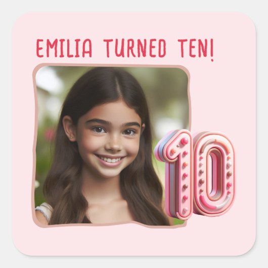 写真パーソナライズされた10th誕生日パーティー スクエアシール (正面)