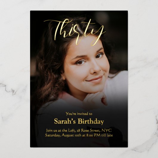 写真パーソナライズされた30歳の誕生日招待状 箔招待状 (正面)