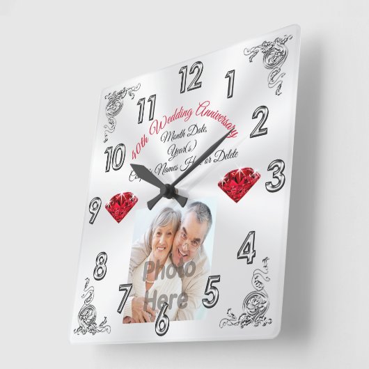 写真パーソナライズされた40年の結婚祝いアイディア スクエア壁時計 (傾斜)