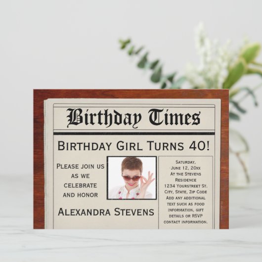 写真パーソナライズされた40th誕生日パーティー新聞 招待状 (スタンド正面)