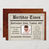 写真パーソナライズされた40th誕生日パーティー新聞 招待状 (正面/裏面)