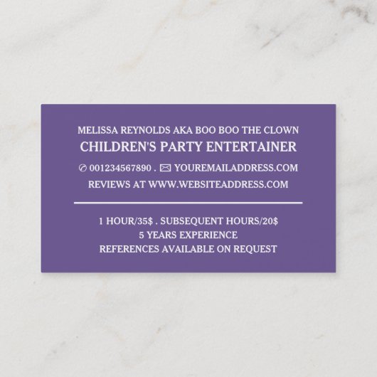 写真パーソナライズされた，キッズエンターテイナー，ピエロ 名刺 (裏面)