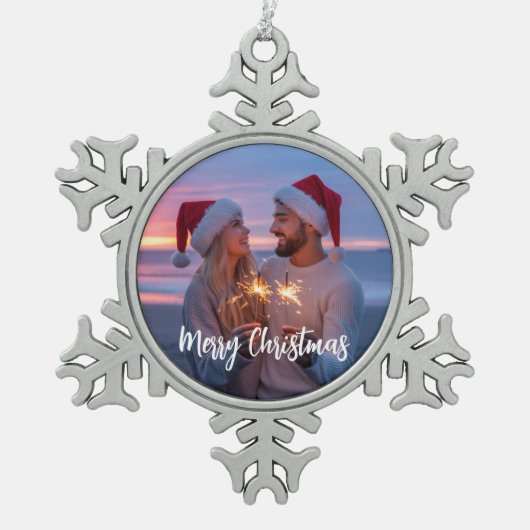 写真パーソナライズされた&文字クリスマス2025カスタム年 スノーフレークピューターオーナメント (正面)
