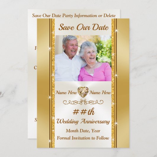 写真パーソナライズされた、日付金ゴールドとアイボリーの保存 招待状 (正面/裏面)