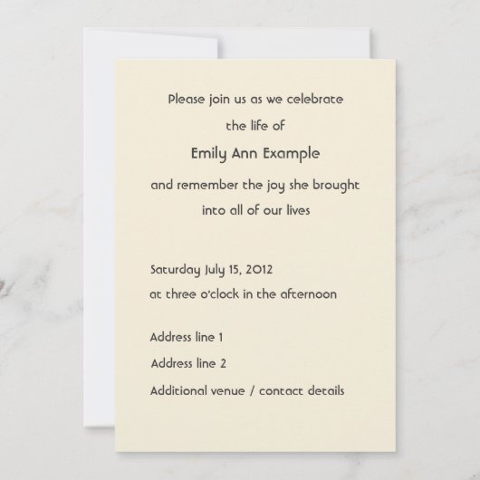 写真パーソナライズされた（生きている）葬儀またはメモリアル 案内状 (裏面)