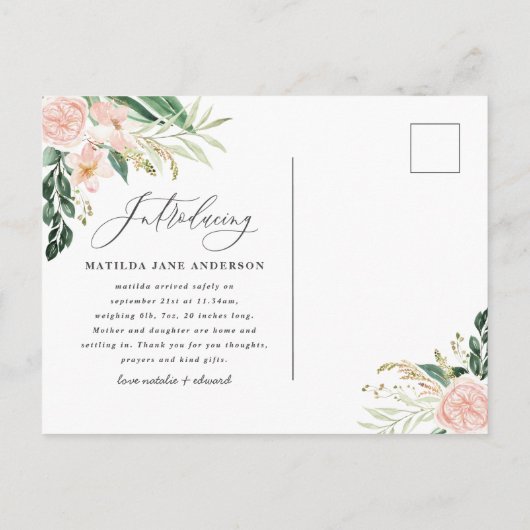 写真ピンクのフローラ誕生のお知らせ 案内ポストカード (裏面)
