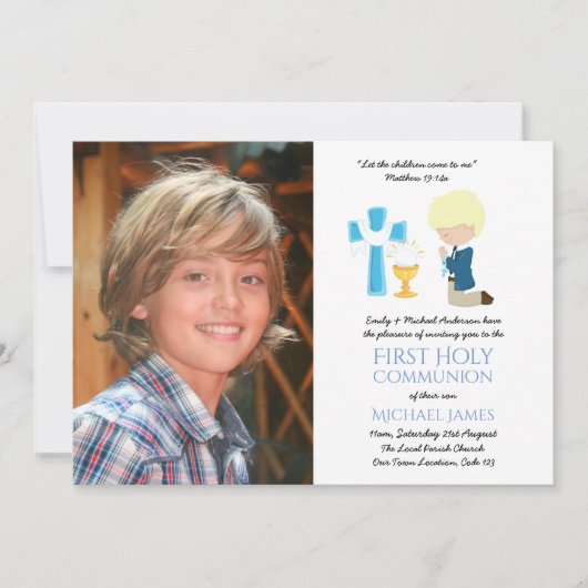 写真ファースト聖餐式招待状ブロンド・ボーイ 招待状 (正面)
