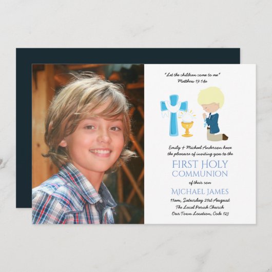 写真ファースト聖餐式招待状ブロンド・ボーイ 招待状 (正面/裏面)