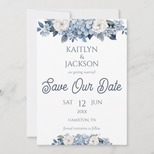 写真フローラ青あじさい結婚式の日付を保存 招待状 (正面)