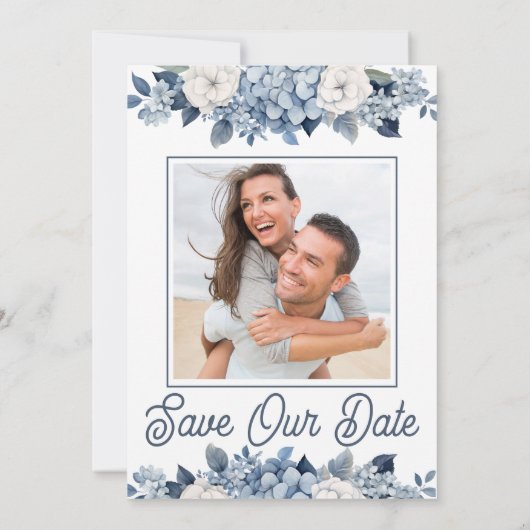 写真フローラ青あじさい結婚式の日付を保存 招待状 (裏面)