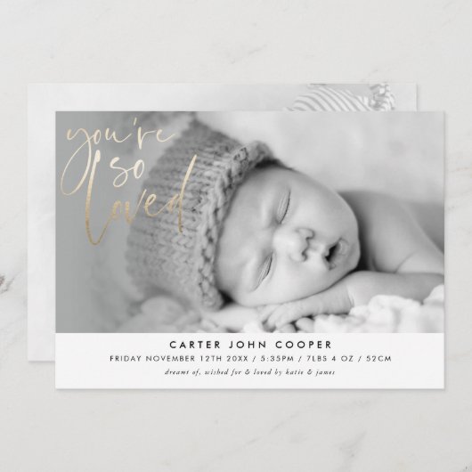 写真ベビーの発表あなたは愛された金ゴールド 案内状 (正面/裏面)