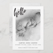 写真ベビー告知かわいいモダンhelloスクリプト 案内状 (正面/裏面)