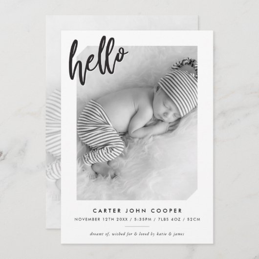 写真ベビー告知かわいいモダンhelloスクリプト 案内状 (正面/裏面)