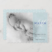 写真ベビー告知イニシャルオーバーレイ少年ブルー 案内状 (正面/裏面)