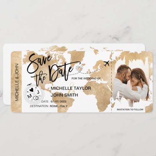 写真ボーディングパスの世界地図を保存 招待状 (正面/裏面)