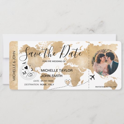 写真ボーディングパスの世界地図を保存 招待状 (正面)