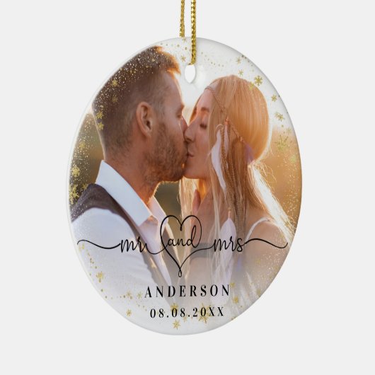 写真ミセス新しい結婚金ゴールド雪クリスマス セラミックオーナメント (右)