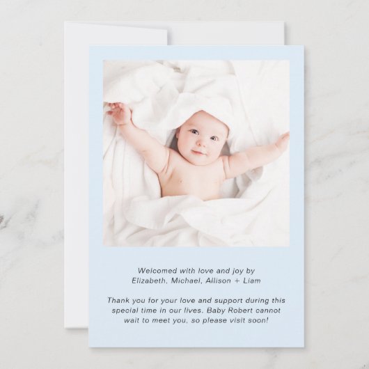 写真ミニマルありがとう男の赤ちゃん誕生 案内状 (裏面)