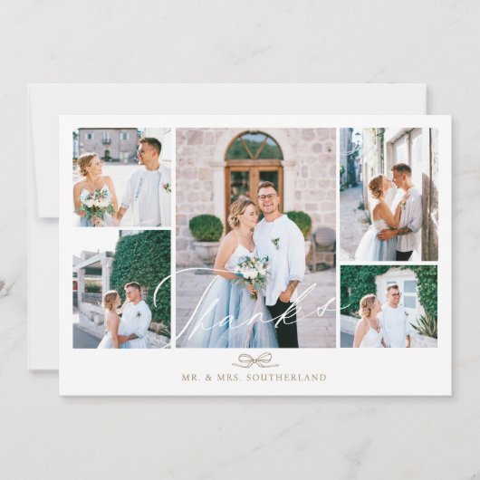 写真ミニマルコラージスクリプトのボー結婚モノグラム サンキューカード (正面)