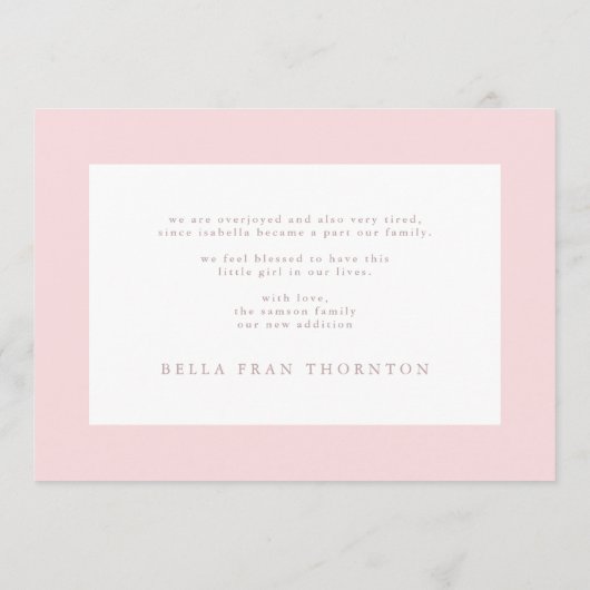 写真ミニマルコラージュのピンク生誕発表 案内状 (裏面)