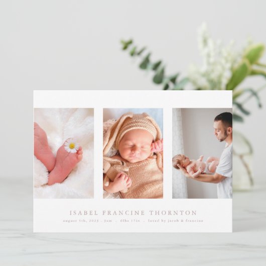 写真ミニマルコラージュのピンク生誕発表 案内状 (スタンド正面)