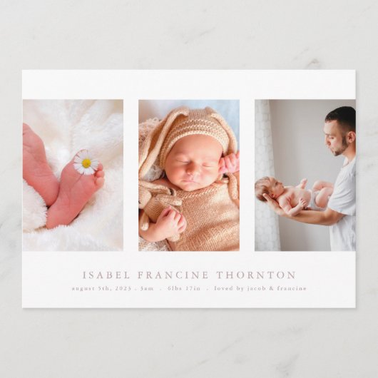 写真ミニマルコラージュのピンク生誕発表 案内状 (正面)