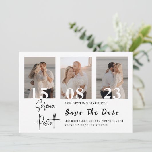 写真ミニマルコラージュの日付の保存 招待状 (スタンド正面)
