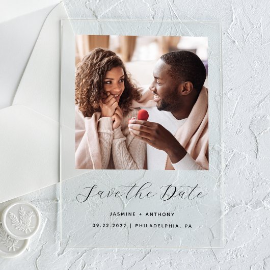 写真ミニマルブラックスクリプトウェディング日付の保存 アクリル招待状