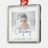 写真ミニマルベビーの初めてのクリスマスネイビーブルー メタルオーナメント (左)