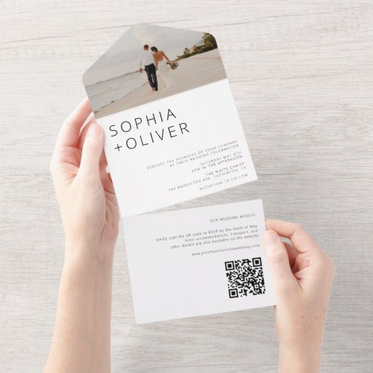 写真ミニマルモダンとQRコード結婚s オールインワン招待状 (貼ってはがせる)