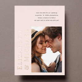 写真ミニマルモダンピンク日付の保存 箔招待状