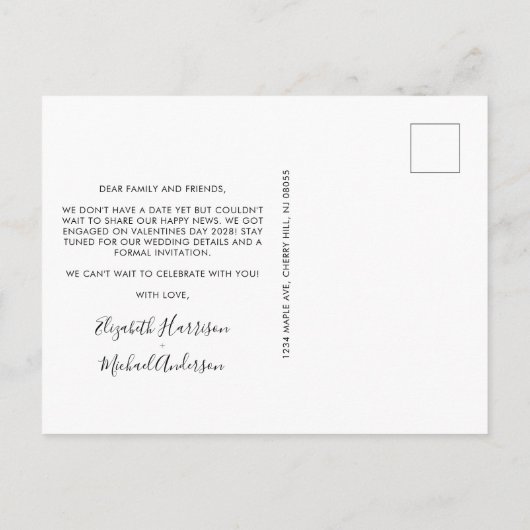 写真ミニマルモダン婚約 案内ポストカード (裏面)