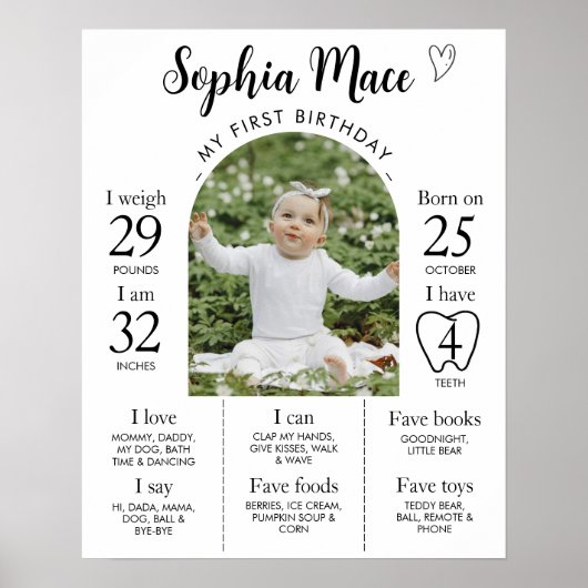 写真ミニマルモダン第1誕生日マイルストーンのサイン ポスター (正面)