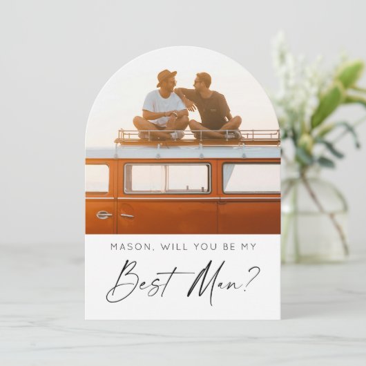 写真ミニマル付き花婿介添人提案カード 招待状 (スタンド正面)