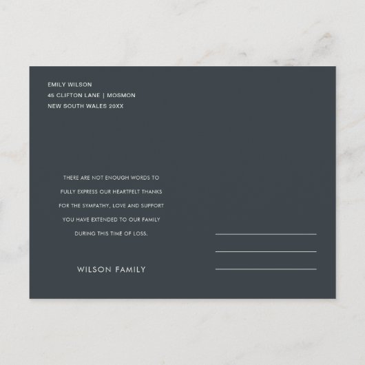 写真ミニマル悔やみや弔慰エレガントメモリアルありがとう インビテーションポストカード (裏面)