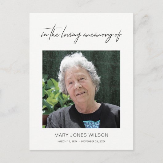 写真ミニマル悔やみや弔慰エレガントメモリアルありがとう インビテーションポストカード (正面)