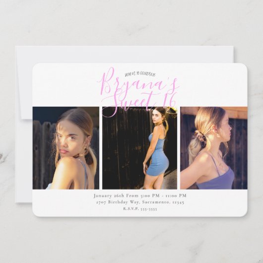 写真ミニマル甘い16誕生日パーティー 招待状 (正面)