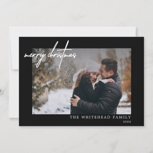 写真ミニマル白メリークリスマスブラック シーズンカード (正面)
