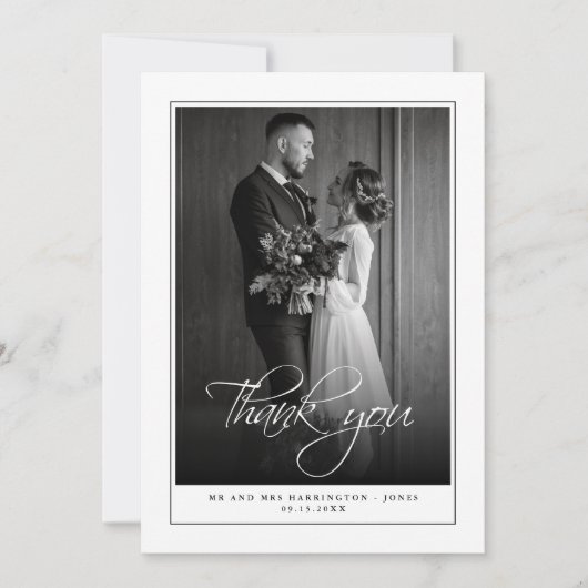 写真ミニマル白黒結婚のサンキューカード サンキューカード (正面)