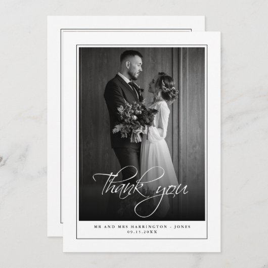写真ミニマル白黒結婚のサンキューカード サンキューカード (正面/裏面)