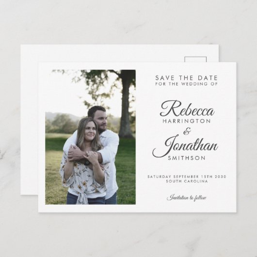 写真ミニマル白黒結婚式の日付の保存 インビテーションポストカード (正面/裏面)