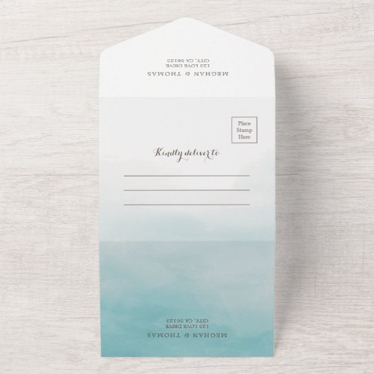 写真ミニマルQRコードRSVPとのビーチ結婚式 オールインワン招待状 (外側)