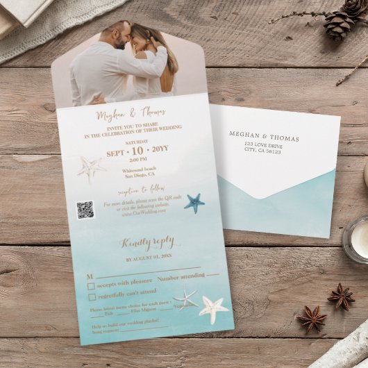 写真ミニマルQRコードRSVPとのビーチ結婚式 オールインワン招待状