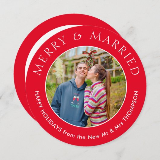 写真メリー結婚した円形クリスマスレッド シーズンカード (正面/裏面)