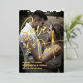 写真モダンで日付を保存 |実在金ゴールド 箔招待状 (立ち正面)