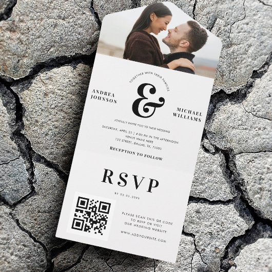写真モダンとアンパ結婚サンドのQRコードRSVP オールインワン招待状