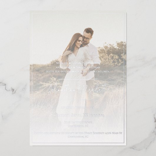 写真モダンとオーバーレイ結婚のホイル招待状 箔招待状 (正面)