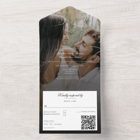 写真モダンとブラックオーバーレイ結婚ズ オールインワン招待状 (内側)
